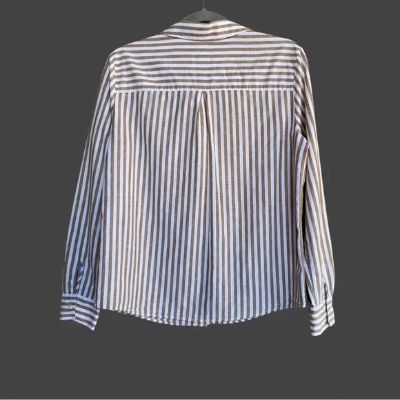SEZANE Camel Tan & White Ecru Linen Cotton Striped Button Down Tomboy Shirt - Picture 9 of 17